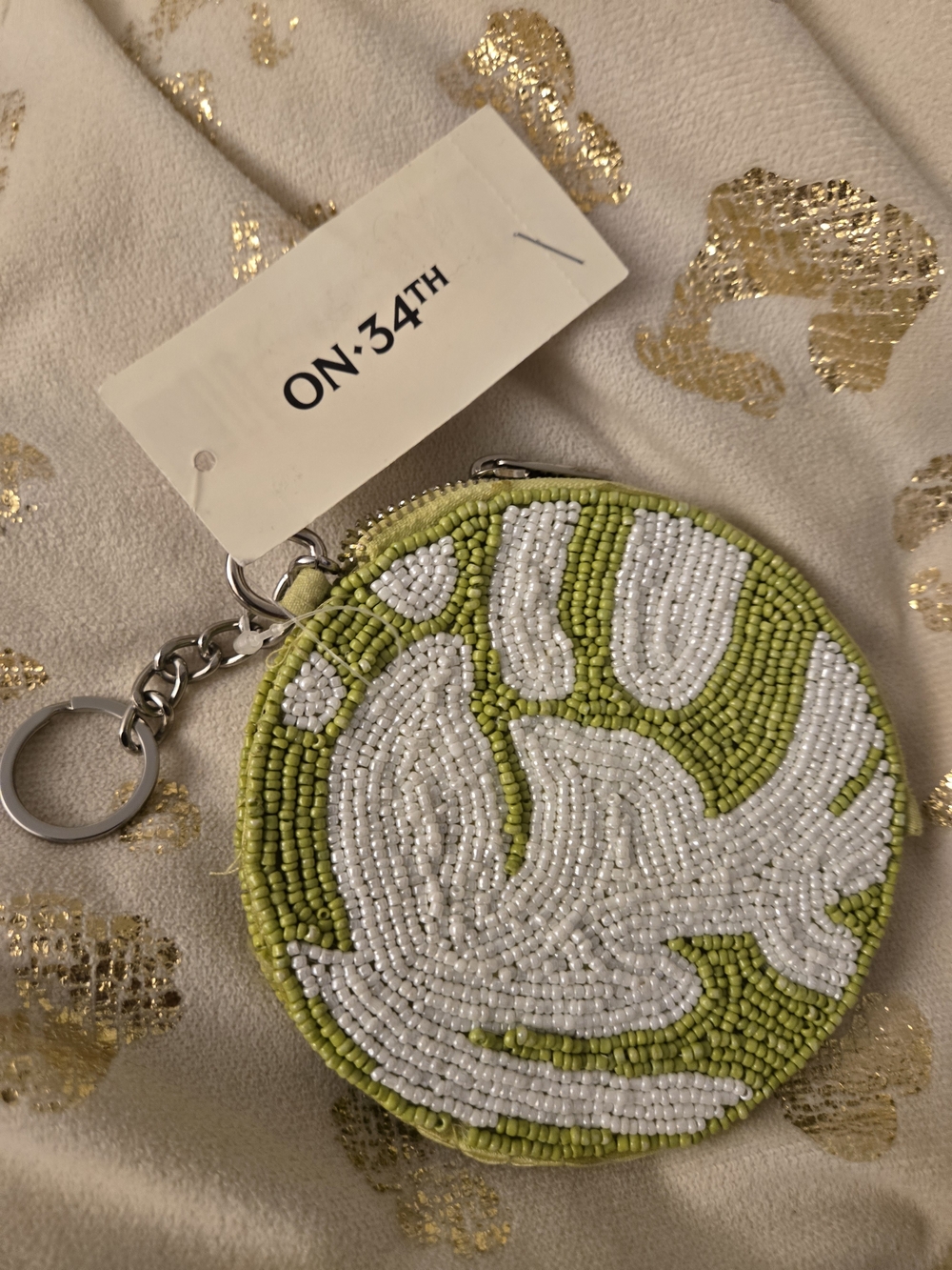 NWT Macy's On 34th Green & White Beaded Purse With Keyring